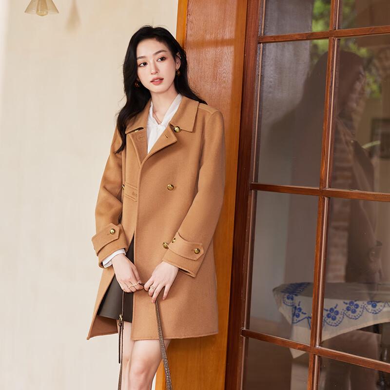 VICTORIA&VERA Women's Gold Double-Breasted Wool Blend H-Line Coat