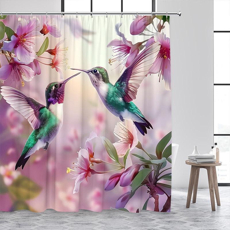 Hummingbird Shower Curtain Watercolour Floral Purple Lavender Butterfly Plant Polyester Fabric Bathroom Curtain Decor With Hooks