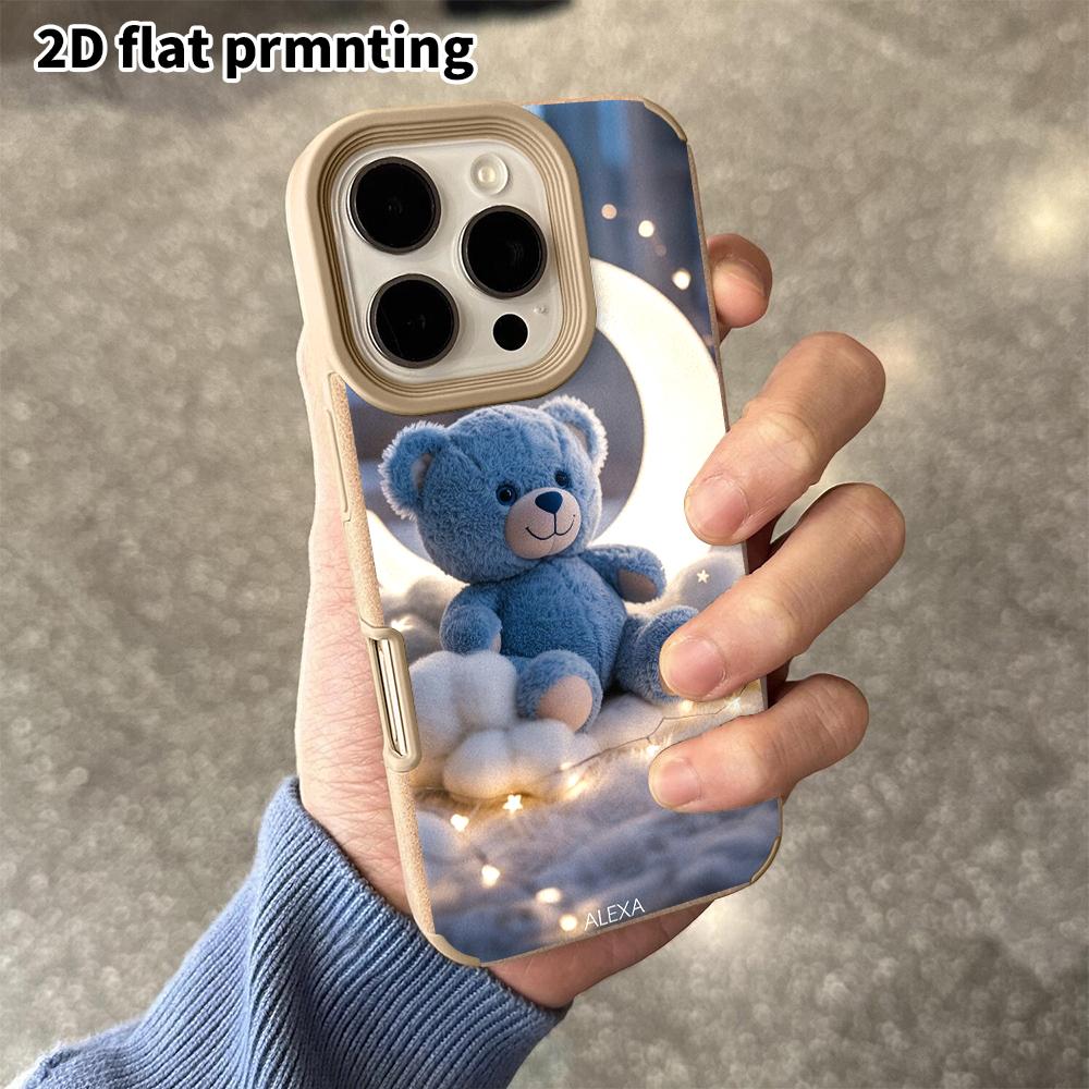Phone Case: 2D Flat Lambskin Suitable for iPhone 18, 17, 16, 15, 14, 13 Pro, Crescent Blue Little Bear, Christmas and Halloween Gifts