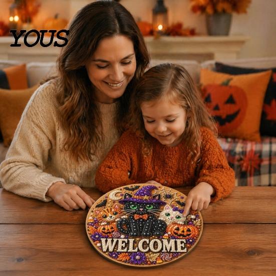 Handmade Welcome Sign Crafts Halloween Faux Pearl Door Kit, Ghost Skull Skeleton Cat Kit Painting Arts for Wall Decoration