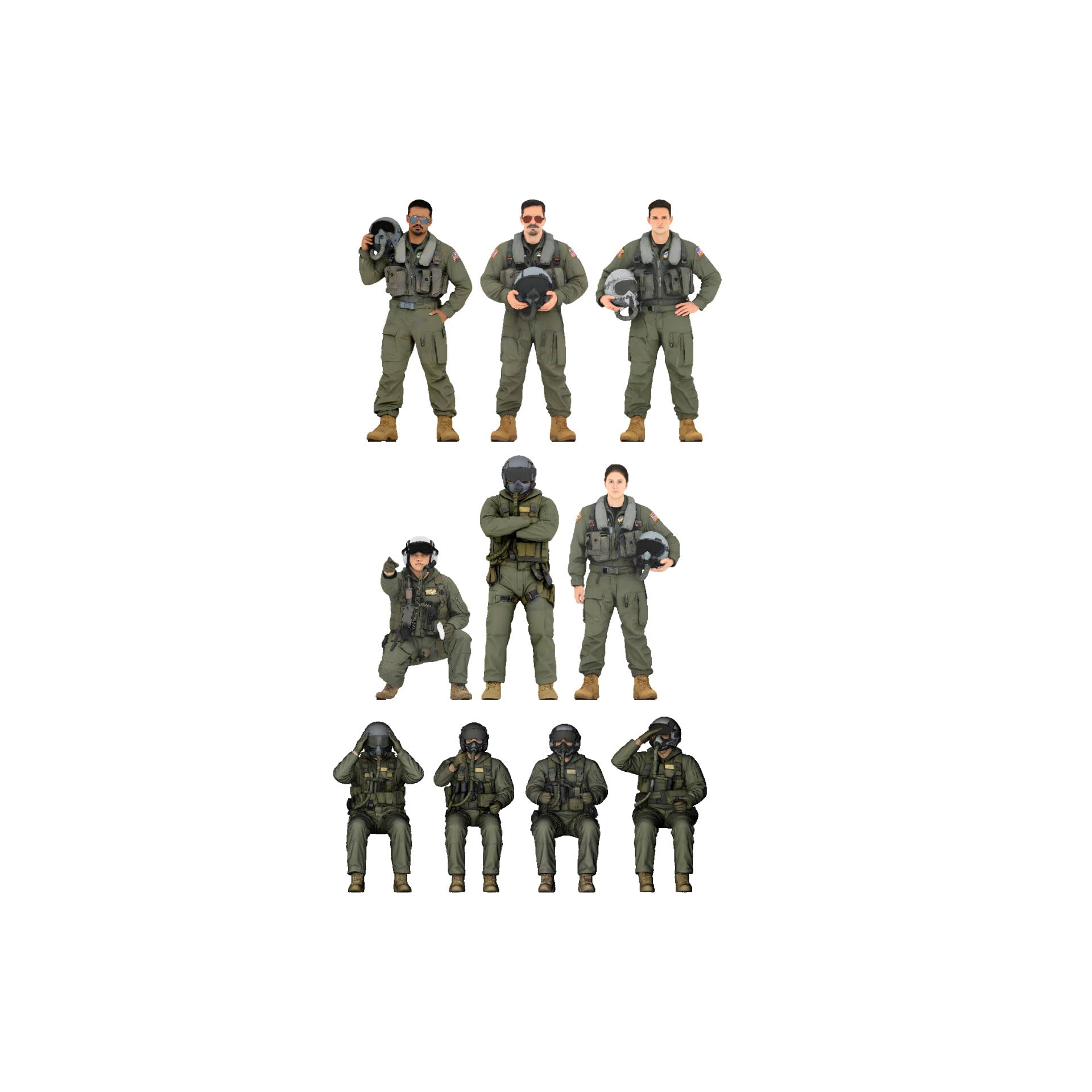 figreal 1200 scale U.S. Air Force (1) PL10 Pilot Set of 10, 200-00017-PL10, Pre-painted Figures
