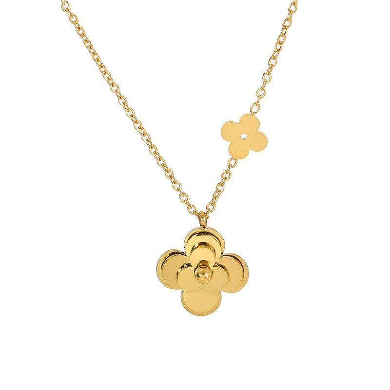 Three-dimensional Camellia Flower Golden Titanium Steel Necklace Ladies Exaggerated Personality Matching Jewelry Pendant