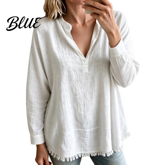 Layered Blouse Women Loose Fit V-Neck Blouse Solid Color Long Sleeve Tassel Hem Daily Wear Shirt Casual Fringe Trim Tops for Business Commuting