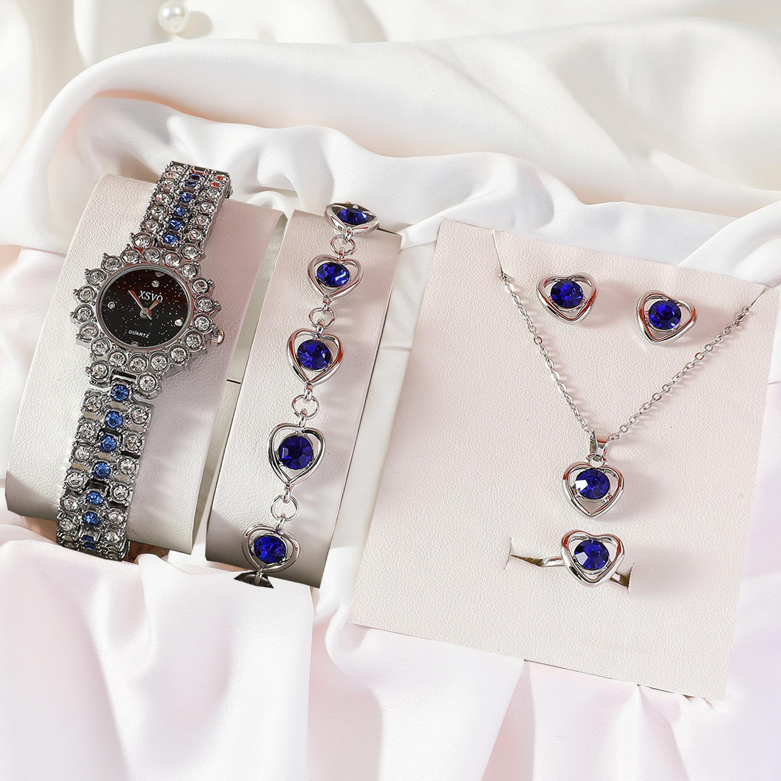 

New women s sapphire ring necklace bracelet earrings noble atmosphere round dial steel strap quartz watch set exquisite luxury серебряный