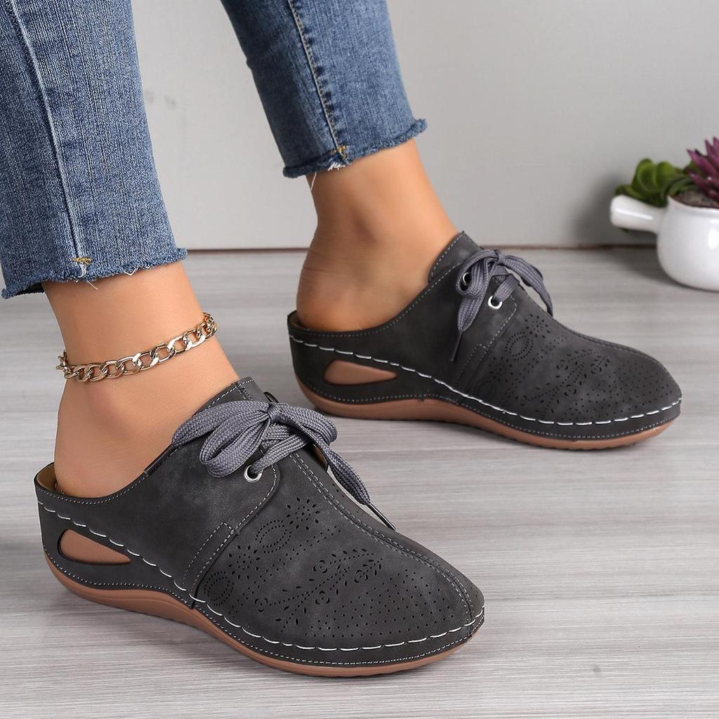 Women's Wedge Heel Sandals Half Slippers Lace Up Pattern Hollow Headed Women's Slippers Summer