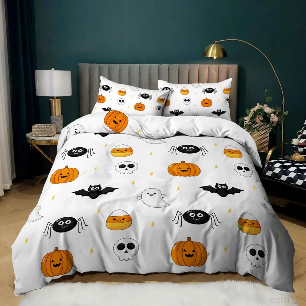 Halloween Bedding Set Gothic Spooky Duvet Cover Pumpkin Lantern Comforter Cover for Kids Boys Bat Spider Web Comforter Cover