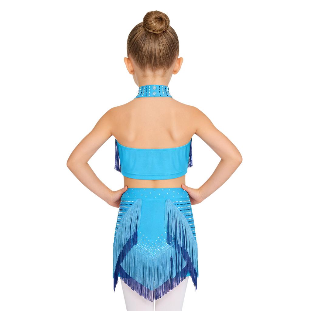 Top Corto Brillante con Borlas para Niñas, de Tirantes, sin Mangas, Espalda Descubierta, con Pantalón Corto Incorporado, Conjunto para Competición Latina