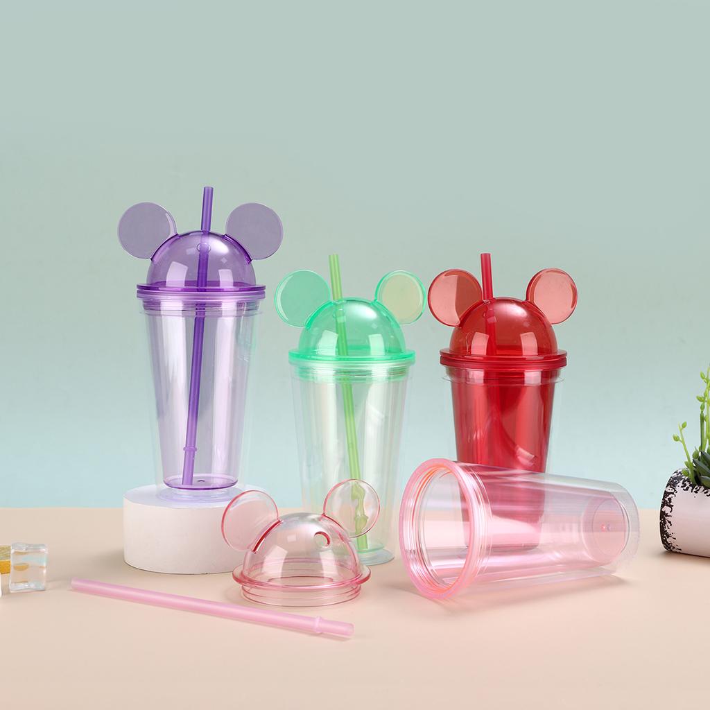 Water Bottle Mickey Mouse Cover Cute Straw Cup Portable Leak-proof Double-layer Plastic Cup Outdoor Gift Cup LOGO