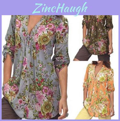 Elegante Bb Damen Blumenprint V-Ausschnitt Große Größen Oberteile Tunika Für Alle Jahreszeiten