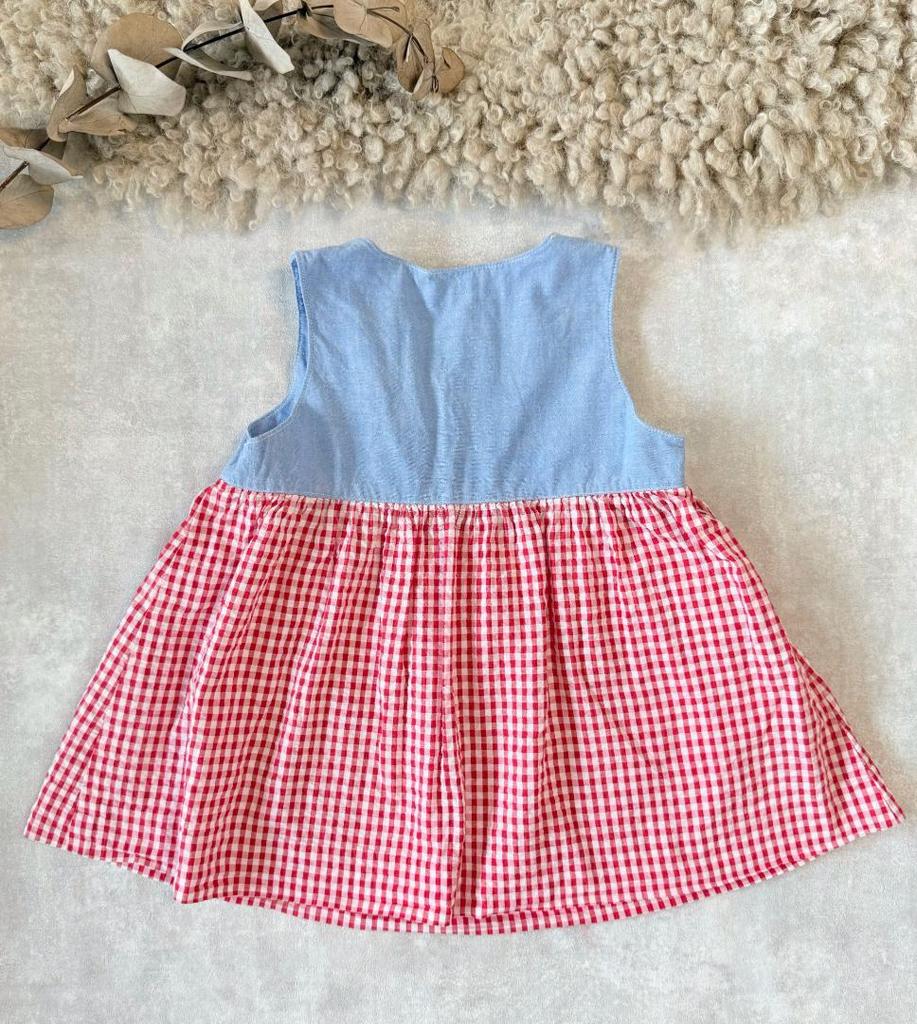 [USED] Familiar 2 piece set, red check dress, sailor collar, striped, size 90