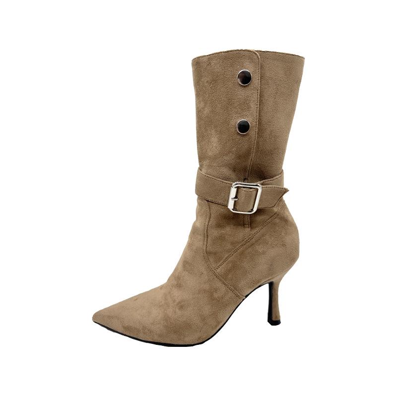 Spot 25X3 Retro Suede Metal Buckle Pleated Pile Boots Western Cowboy Boots Pointed Thin High Heel Short Boots Women