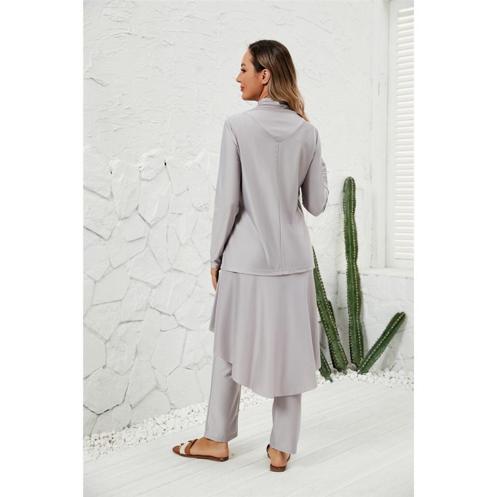 Women's 3-Piece Modest Burkini Swimsuit, Long Sleeve Ruffle Tunic & High Waist Pants with Hijab, Full Coverage Swimwear
