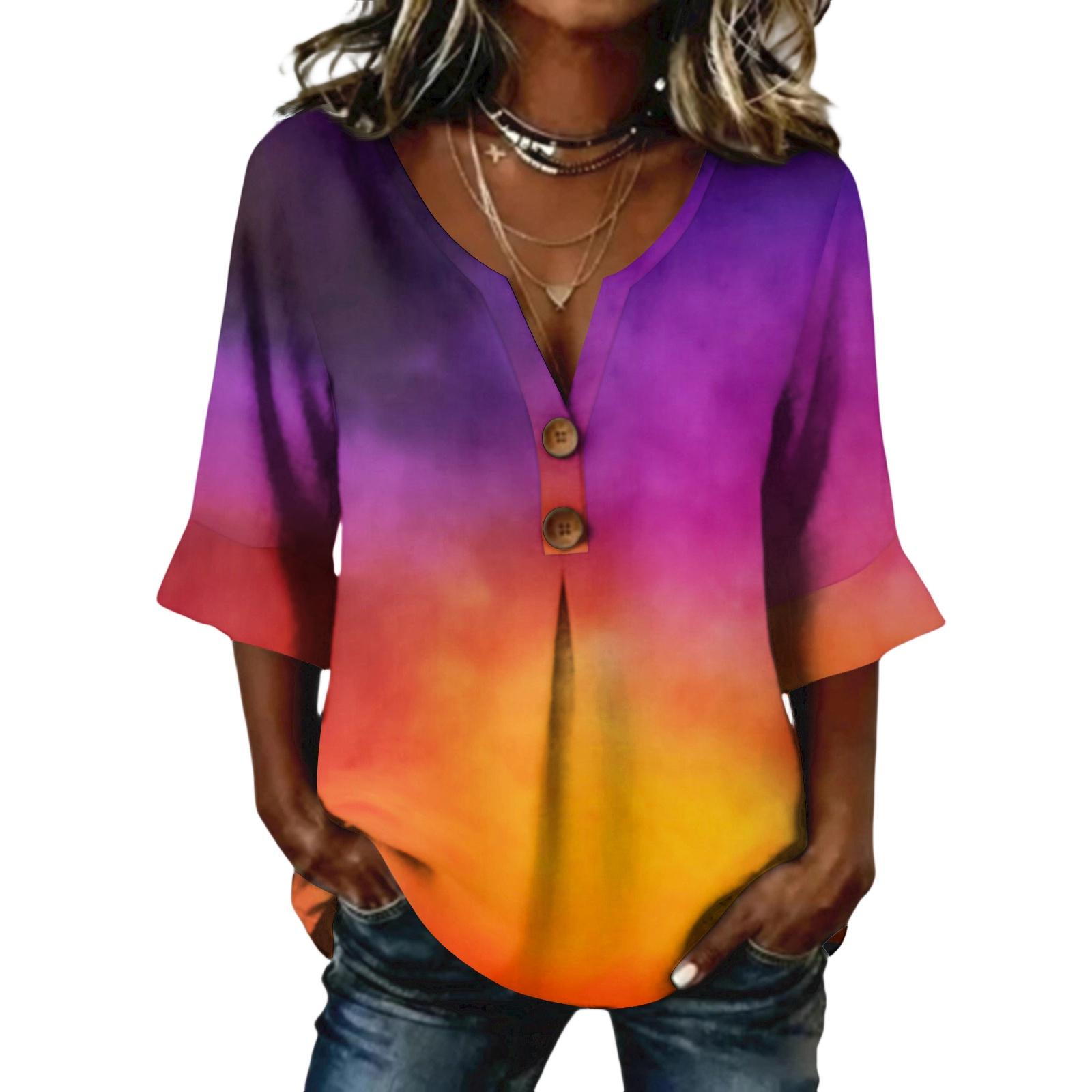 

Ladies cross dyed printed button casual V-neck fashionable seven quarter sleeve top XL шафрановий