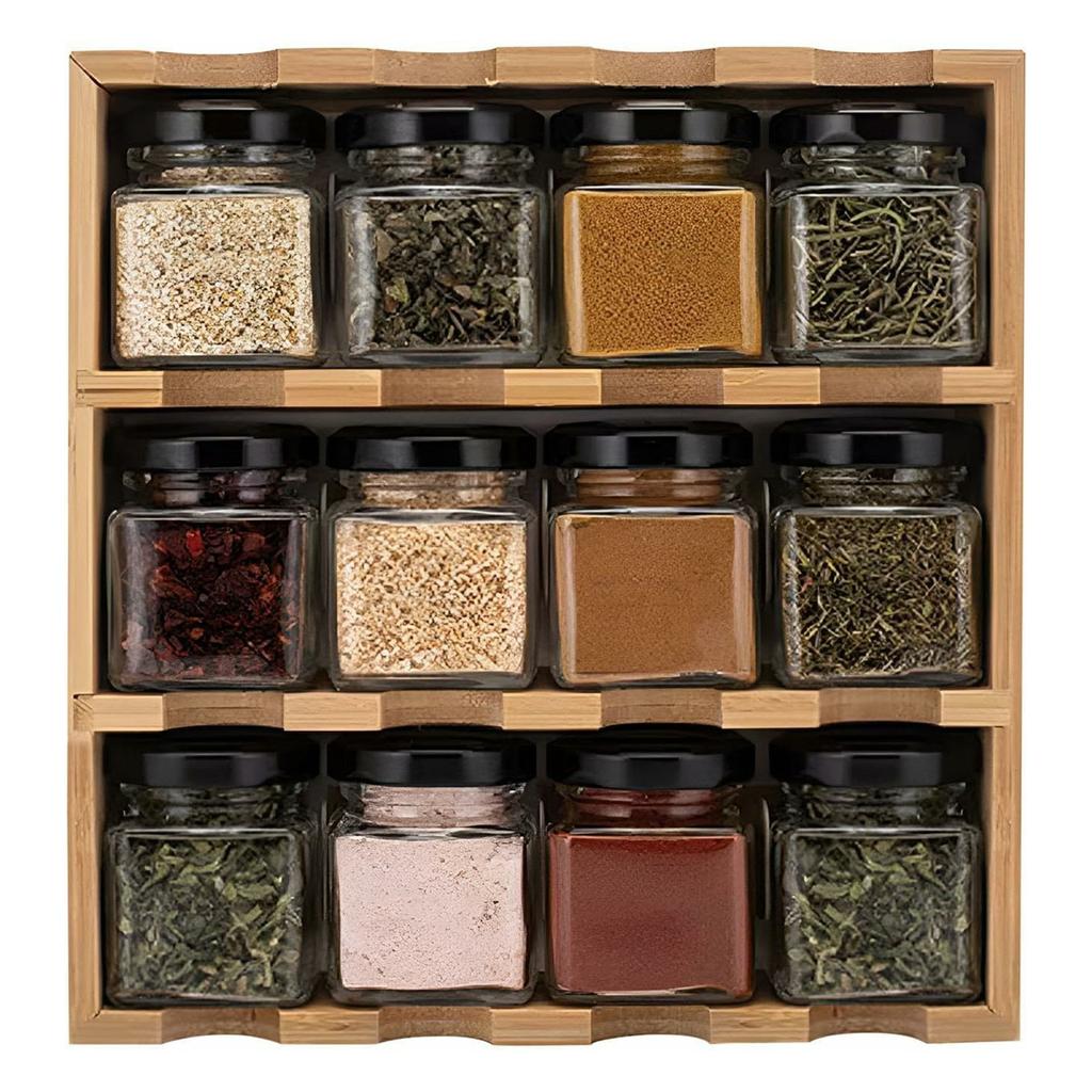 Bamboo Wood 12 Compartment Spice Rack Organizer For Kitchen Multi-Tier Storage Shelf With Jars