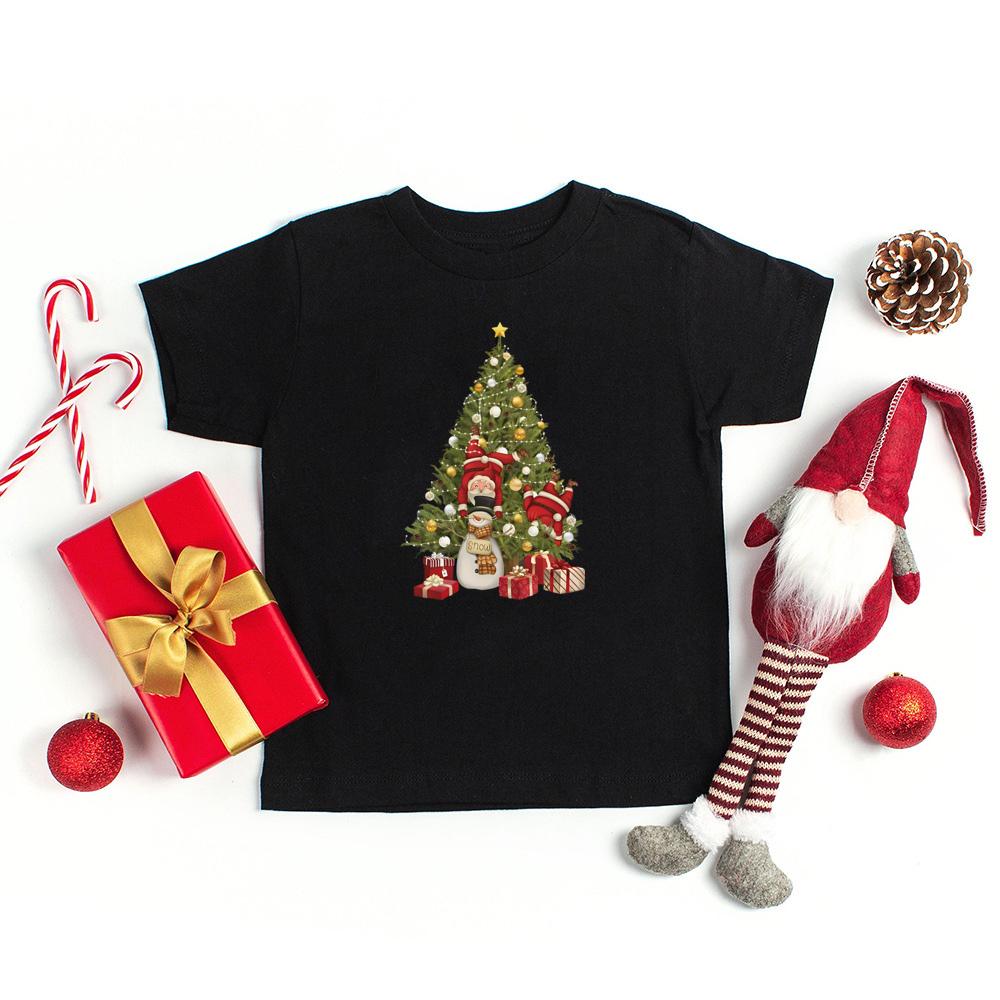 Christmas Tree and Santa Claus Printed Kids T-shirt Christmas Toddler Round Neck Tops Xmas Holiday Short Sleeve Tee Outfits