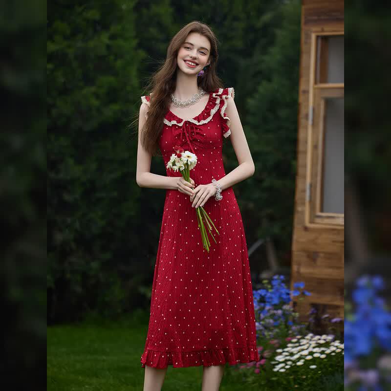 French Vintage Ruffle Lace A-Line Maxi Dress L красный