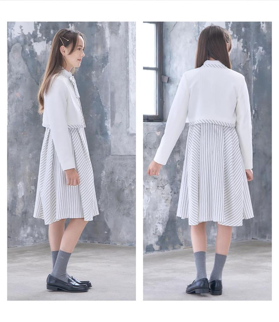 Graduation Ceremony Elementary School Girls Suit Clothing Formal Kaira Set of Jacket Blouse Dress Ribbon White 150cm [Arisana] Children's (4-piece + +