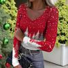 Women's Winter Slim-Fit Base Layer T-Shirt Fashionable Christmas Print V-Neck Pullover Long-Sleeved Top