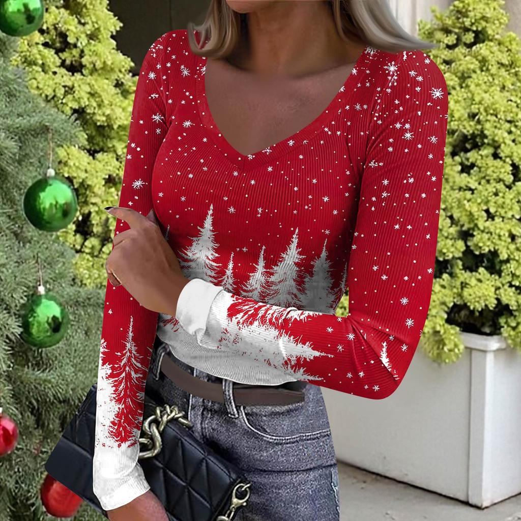 Women's Winter Slim-Fit Base Layer T-Shirt Fashionable Christmas Print V-Neck Pullover Long-Sleeved Top