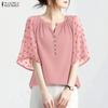 ZANZEA Women Casual V-Neck Mesh Splice Half Sleeve Blouse