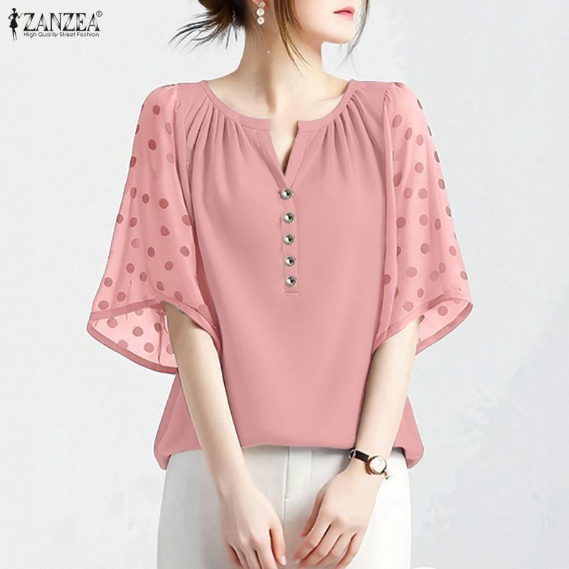 ZANZEA Women Casual V-Neck Mesh Splice Half Sleeve Blouse