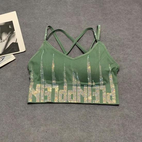 Women's Rhinestone Padded Sports Bra Seamless Cami Cropped Tank Top Crisscross Back Shiny Workout Bra