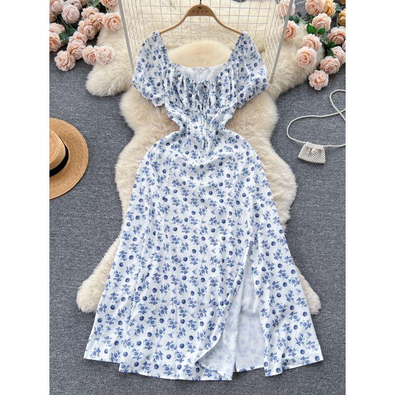 Puff Sleeves Summer Slimming Mori Style Split Dress