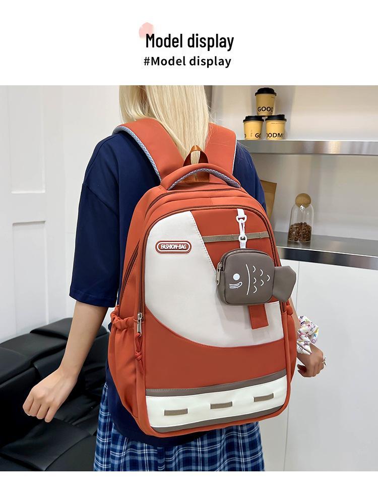 Large Capacity Color Block Student Backpack with Small Fish Pocket - Wear-Resistant Casual Design