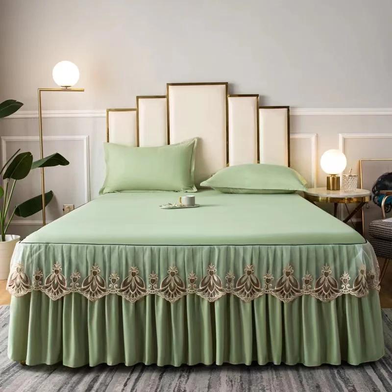 3pcs Set Raw Cotton Bed Romance Dust Protector Cover Soft Bedspread Embroidery Lace Edge Bed Skirt with 2pcs Pillowcase