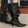 Винтажные дизайнерские модные ботинки-куча женские 2025 зимние на высоком каблуке ботфорты до колена элегантные плиссированные новые ретро высокие рыцарские ботинки