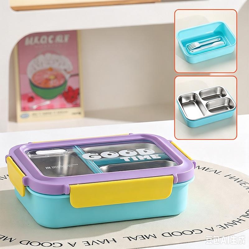 Food Grade 304 Stainless Steel Compartment Lunch Box Sealed Insulated Bento Box with Tableware for Students Office Workers