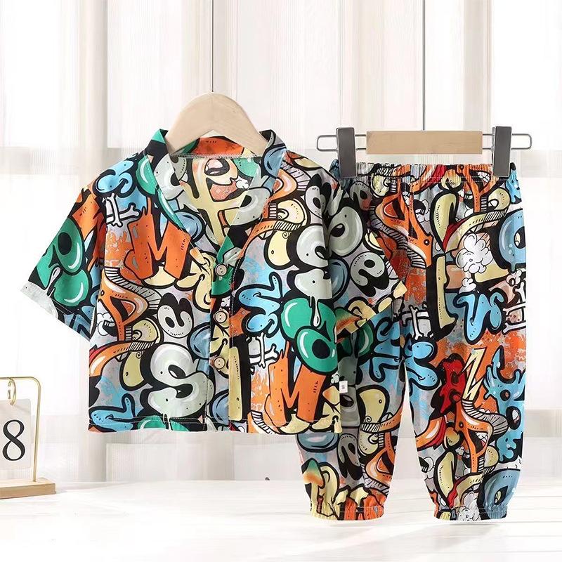 Kids Summer Rayon Pajama Set Button Down Top And Pants Unisex Children Air Conditioned Homewear Two Piece Outfit