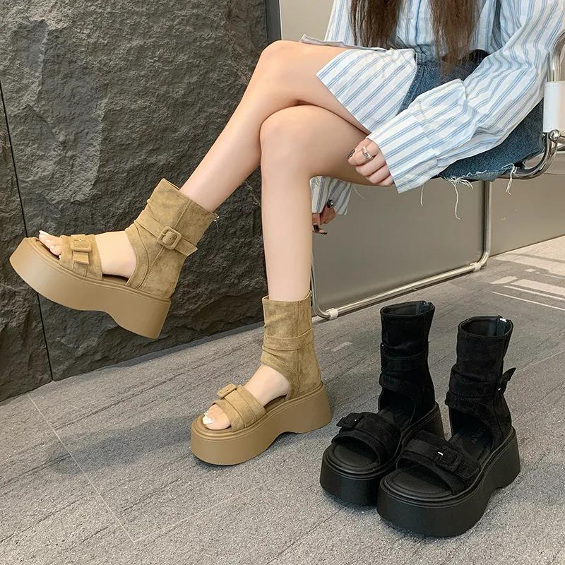 Summer 2026 Women's Thick Heel Ankle Boots Soft Bottom Toe Covering Sandals Roman Style Heightening Pants Tube Slippers