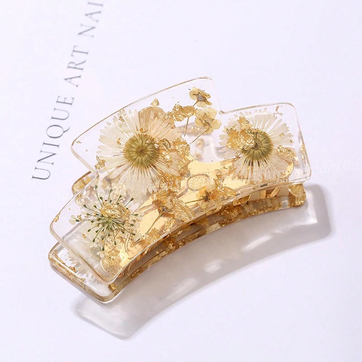 

1pc Drip Glue Genuine Flower Dried Flower Premium Alloy Hair Clip Fresh Natural Transparent Crystal Shark Clip