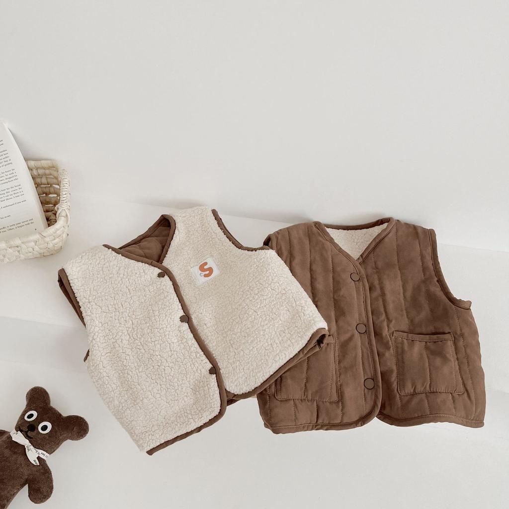Kids Retro Warm Vest Boys Girls Baby Fleece Cotton Double-sided Vests Autumn and Winter Waiscoat