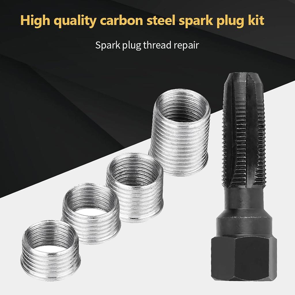 Milltrip 5Pcs Carbon Steel Sparks Plug Thread Repair Kit - 14mm Re-thread Tap Tool with 4 Inserts, Professional Cylinder Head Rethreading Tools for