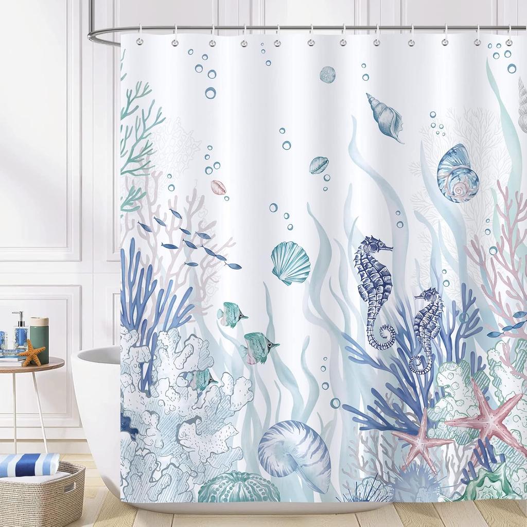Ocean Themed Coral Seahorse Seashell Starfish Beach Shower Curtain, Polyester Fabric Waterproof Bathroom Curtain With 12 Hooks