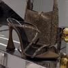 2025 Summer Word with Snake Wrap Open-toed Rhinestone Flash Diamond Bow Thin Heel High Heel Sexy Sandals Women's Shoes