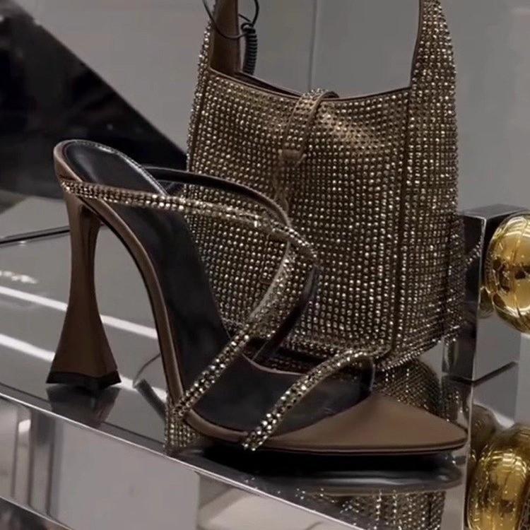 2025 Summer Word with Snake Wrap Open-toed Rhinestone Flash Diamond Bow Thin Heel High Heel Sexy Sandals Women's Shoes