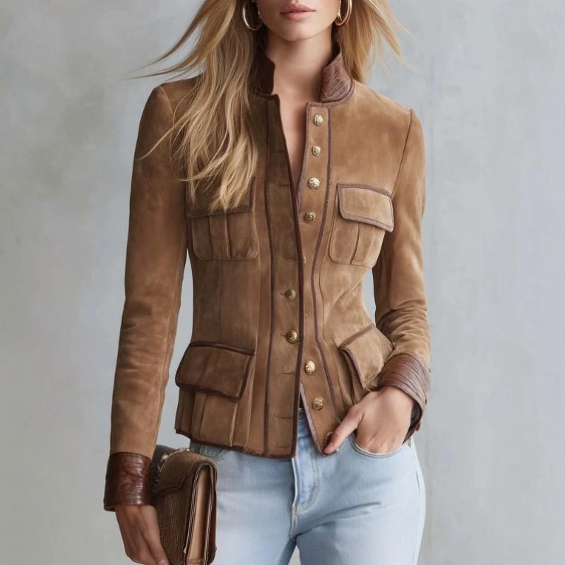 Womens Vintage Casual Brown Fitted Jacket Stand Collar Long Sleeve Regular Length