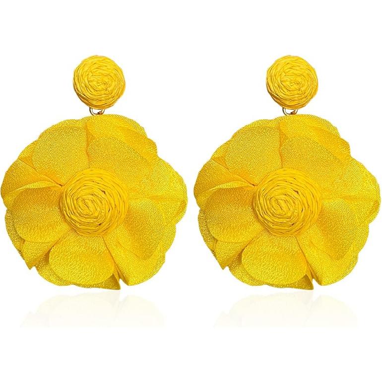 Rattan Earrings Summer Boho Handwoven Big Fabric Chiffon Rattan Flower Drop Earrings Statement Tropical Beach Vacation Jewelry
