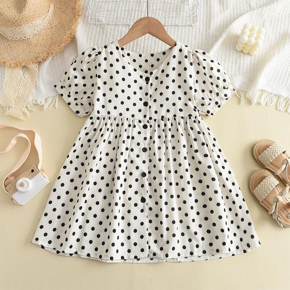 Girls Summer Polka Dot Dress Fashionable Puff Sleeve Short Sleeve Vacation Dress For Kids 120cm белый