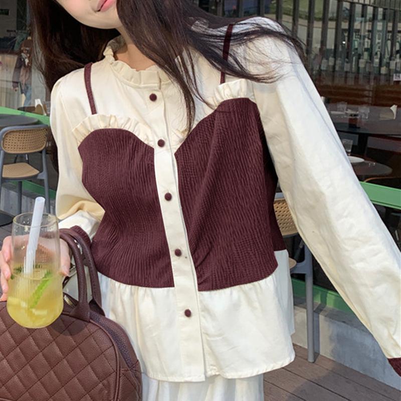 

VONDA Жіночі модні мереживні сорочки з круглим вирізом контрастного кольору з довгими рукавами 4XL вина червоного кольору