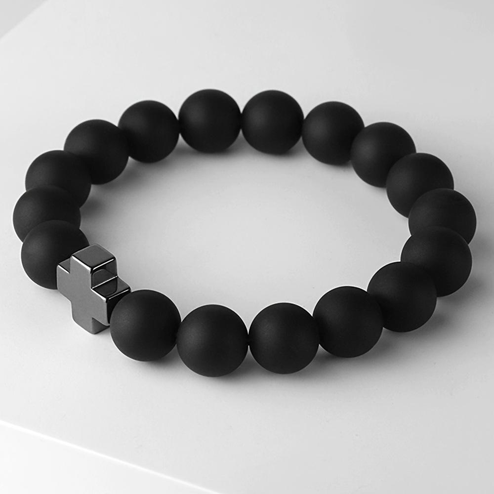 Black Matte Stone Cross Bracelet - 10MM Glass Beaded Design 8MM