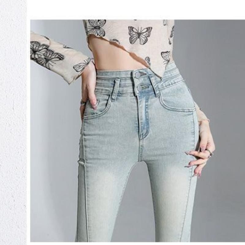 Light Blue High-waisted Slightly Flared Jeans for Women's New Style of Spring and Autumn High-slim and Fluffed Bell-bottom Pants