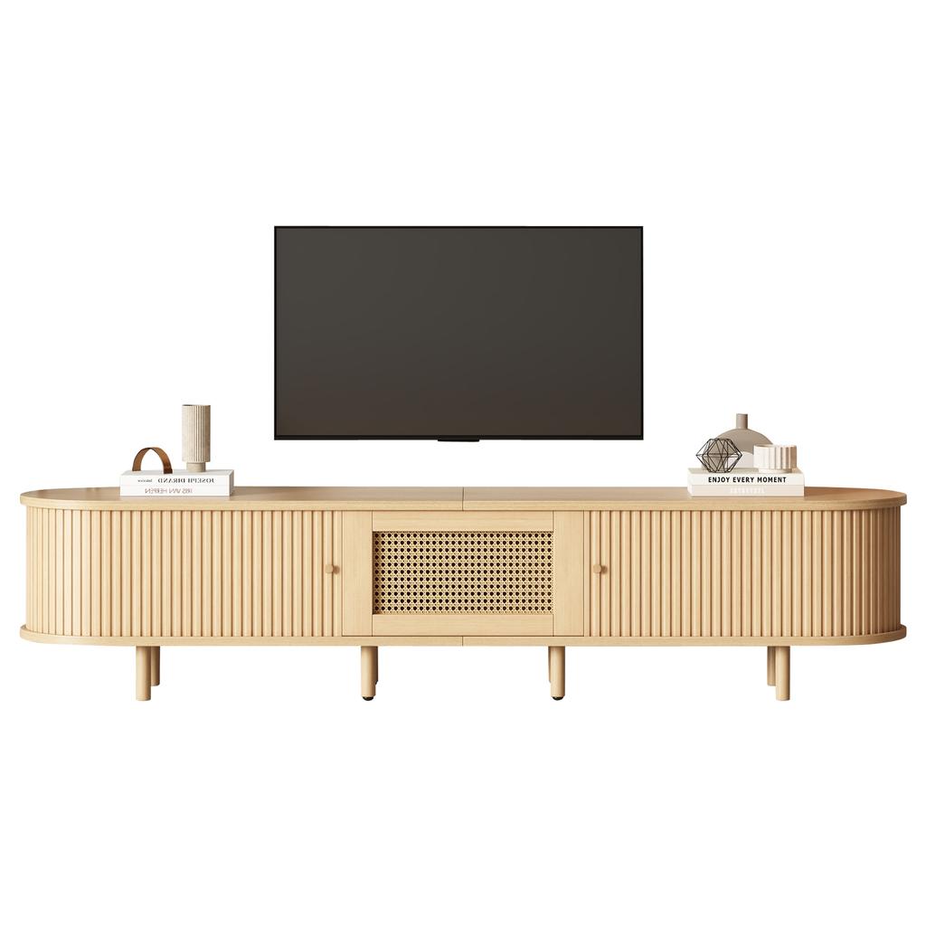 Nowoczesna Niska Szafka RTV z Okrągłym Designem i Drzwiami Rolowanymi, MDF, Szuflada, na Telewizory do 75 Cali, Salon i Jadalnia, 180x40x40cm, Kolor Drewna