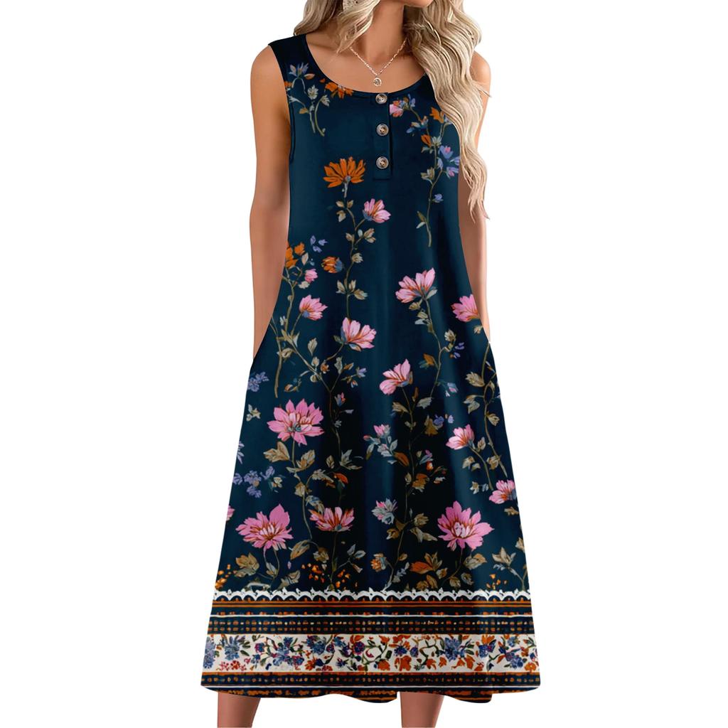 Women's Fashion Casual Sleeveless Button Floral Print Dress with Pocket