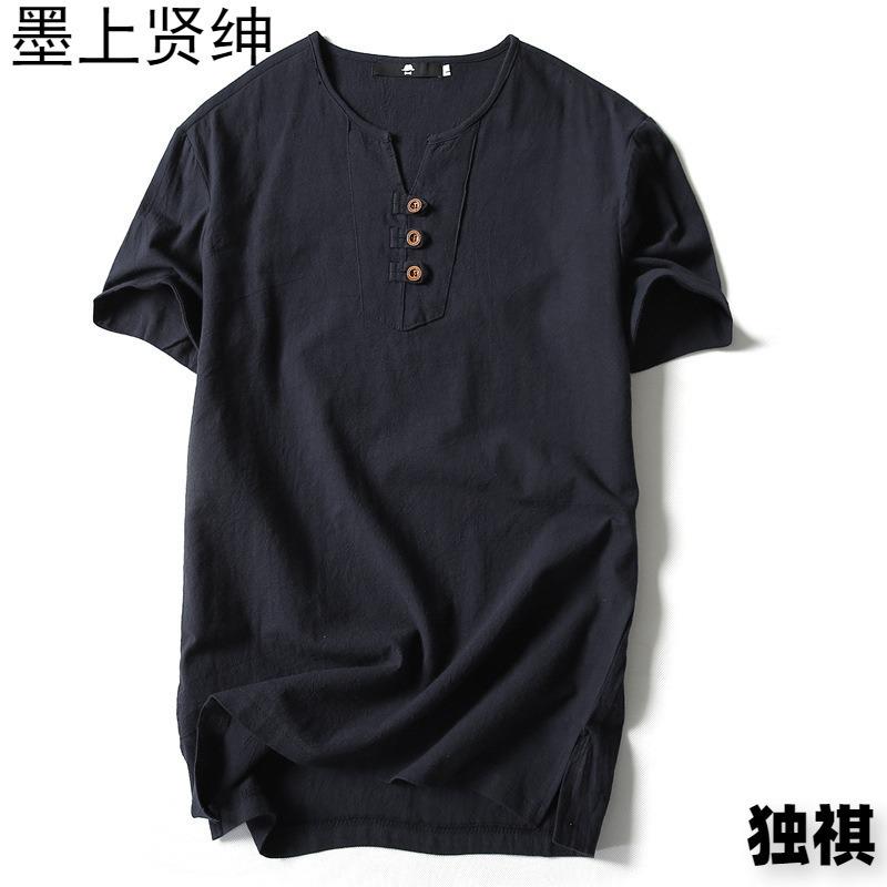 Summer  men's cotton and linen short-sleeved T-shirt men's three-button solid color large-size youth stand-up collar top
