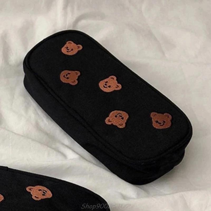 Kawaii Bear Embroidery Canvas Pencil Bag Pen Case Kids Gift Pouch Office School Supplies Japanese Stationery Desk Organization