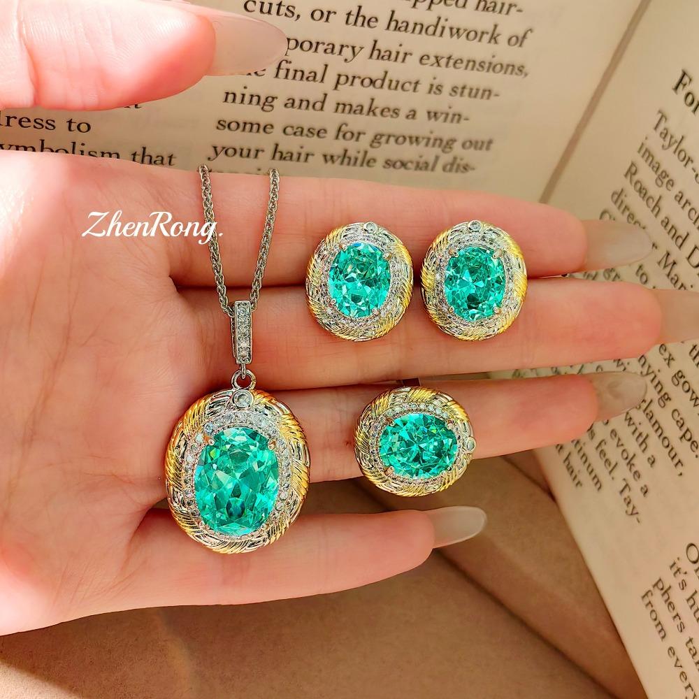 Women Jewelry Set Fashion Two Tone Gold Pendant Necklace Glacier Blue Earrings High Carbon Diamond Ring Gemstone Jewelry